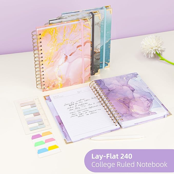 Spiral Notebooks for Work, 240 Pages Lined Spiral Journal Notebook, 5 Subject A5 College Ruled Journals for Writing, 8.6”x6.2''Journaling Notebooks for School Office Supplies(Purple&Pink)