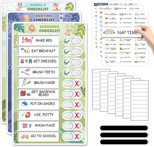 3 in 1 Bedtime/Morning/Weekly Zoo Routine Chart for Kids, Magnetic Chore Chart for Toddlers, Visual Schedule for Kids Toddlers Schedule Board for Home
