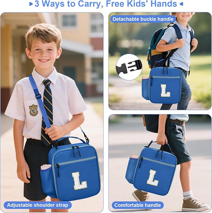 Initial Insulated Lunch Bag for Boys Kids, Back to School Gift, Reusable Leak-proof Lunch Box with Adjustable Strap for School Daycare Travel Picnic（Blue，L）