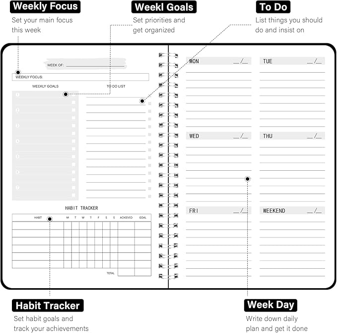 TREES Undated Weekly Planner, Weekly To Do List Notebook with Goal & Habit Tracker Organizer, A5 5.8"" x 8.0"" Weekly Planner Notebook with Spiral Binding for Men or Women, Black
