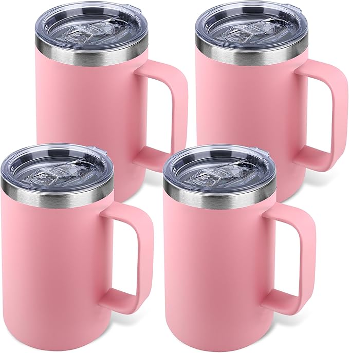 22oz Insulated Coffee Mug with Handle & Leak-Proof Lid - Double Wall Stainless Steel Travel Tumbler Bulk for Commute/Office/Home, Pink, 4 Pack