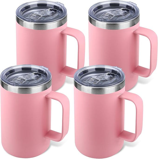 22oz Insulated Coffee Mug with Handle & Leak-Proof Lid - Double Wall Stainless Steel Travel Tumbler Bulk for Commute/Office/Home, Pink, 4 Pack