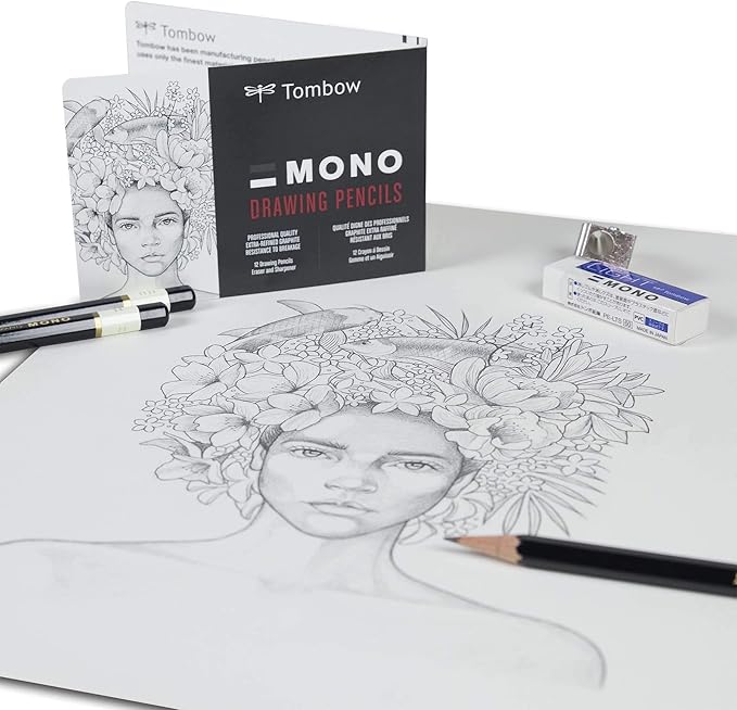 Tombow 51523 MONO Drawing Pencil Set, Assorted Degrees, 12-Pack. Professional Quality Graphite Pencil Set with Eraser and Sharpener