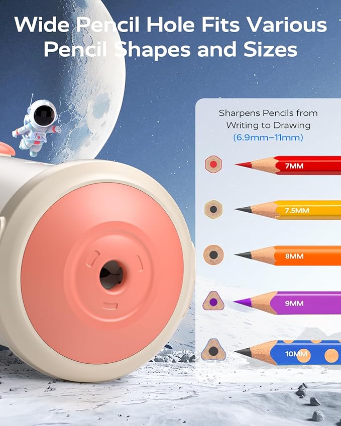 JUPITEARTH Electric Pencil Sharpener for Kids, Hands-Free, Rechargeable, Auto in & Out Spaceship Fully Automatic Pencil Sharpener Fits 6.9-11mm Colored/No.2 Pencils for Classroom Home Office (Pink)