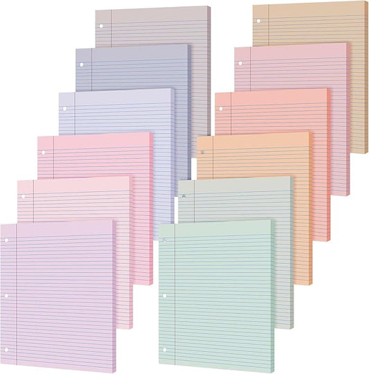 PerKoop 12 Pack 600 Sheets Colored Lined Paper Bulk College Ruled 8 x 10.5 Inches, Loose Leaf Notebook Paper 3 Hole Ring Punched Filler Back School Supplies, Line Spacing 0.7cm (Cute Color)