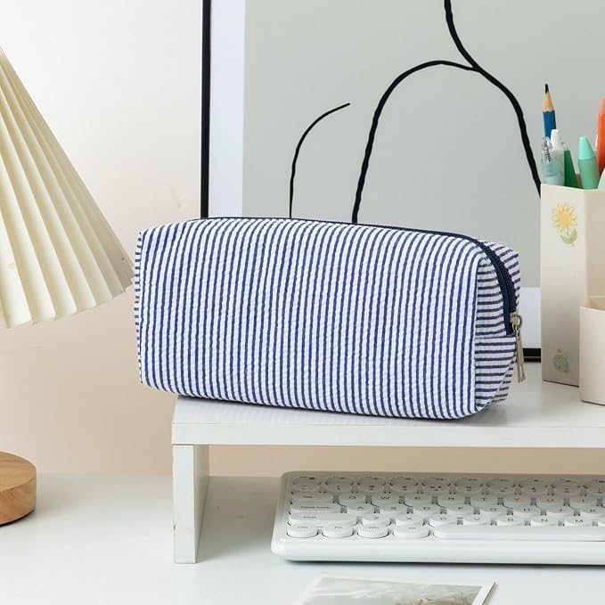 Cute Large Capacity Pencil Case | Aesthetic Striped Pencil Pouch for Office Supplies Organizer (Navy Blue)
