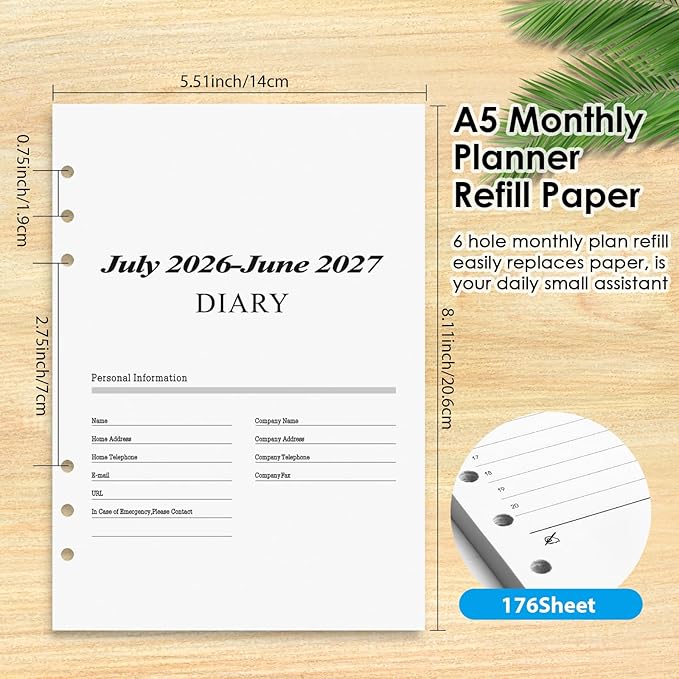 2026–2027 Weekly Planner Refills for A5 6-Ring Binder, Monthly Planner Jul 2026 to Jun 2027 with Schedule Planner, Personal Organizer, Contacts, Diary Refills 100 GSM Weekly Planner