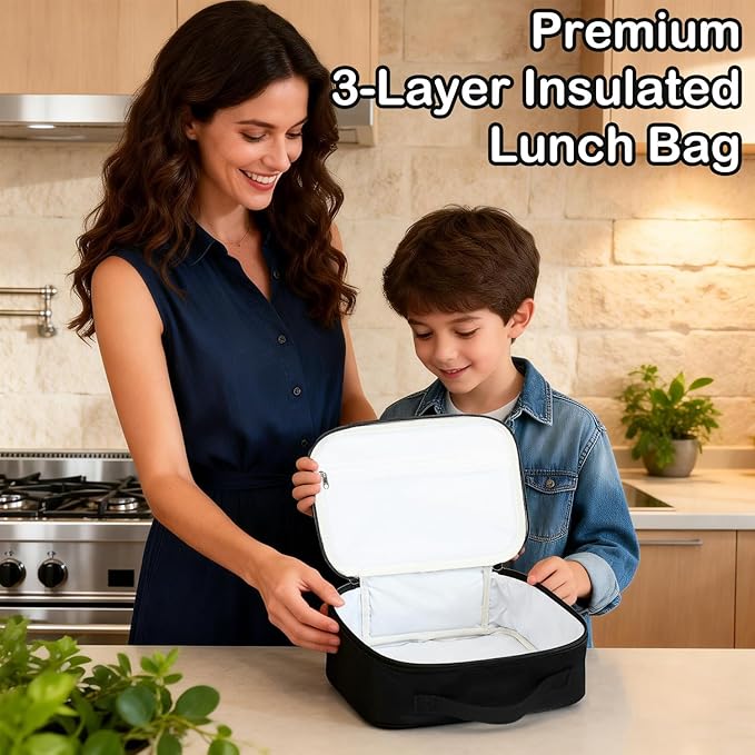FlowFly Kids Lunch box Insulated Soft Bag Mini Cooler Back to School Thermal Meal Tote Kit for Girls, Boys, Black