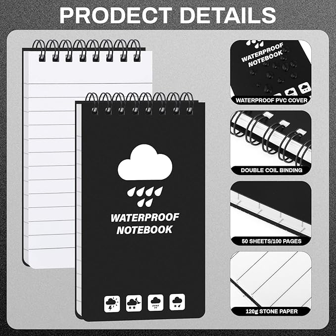 10 Pack Waterproof Pocket Notebook, 5" x 3" Top-Spiral Waterproof All Weather Notepad for Office School Police Outdoor Recording Steno Note Pads
