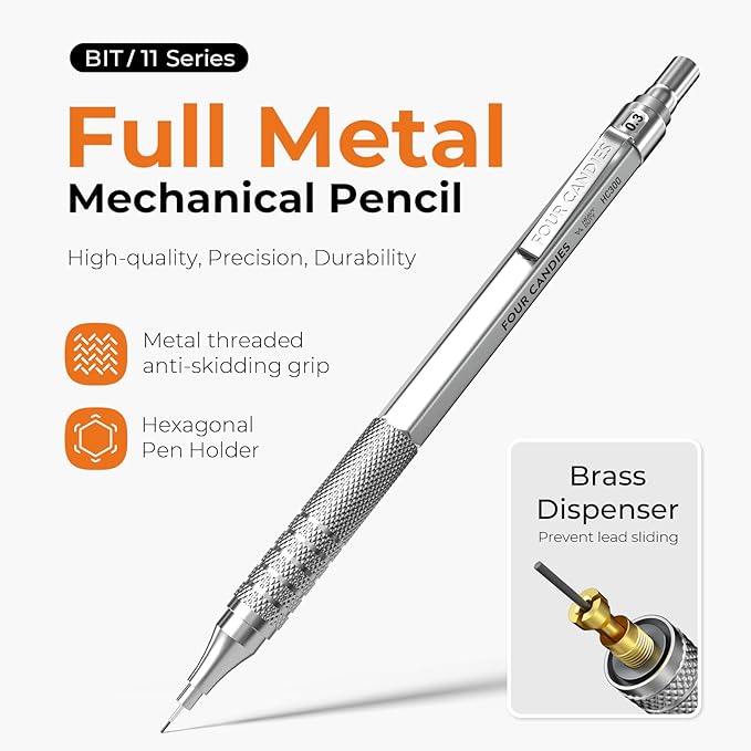 Four Candies Metal Mechanical Pencil Set, 4PCS 0.3, 0.5, 0.7, 0.9MM Mechanical Pencils & 2MM Drawing Pencil with 9 Tubes Lead Refills (4B 2B HB 2H Color) for Student Writing Artist Sketching - Silver