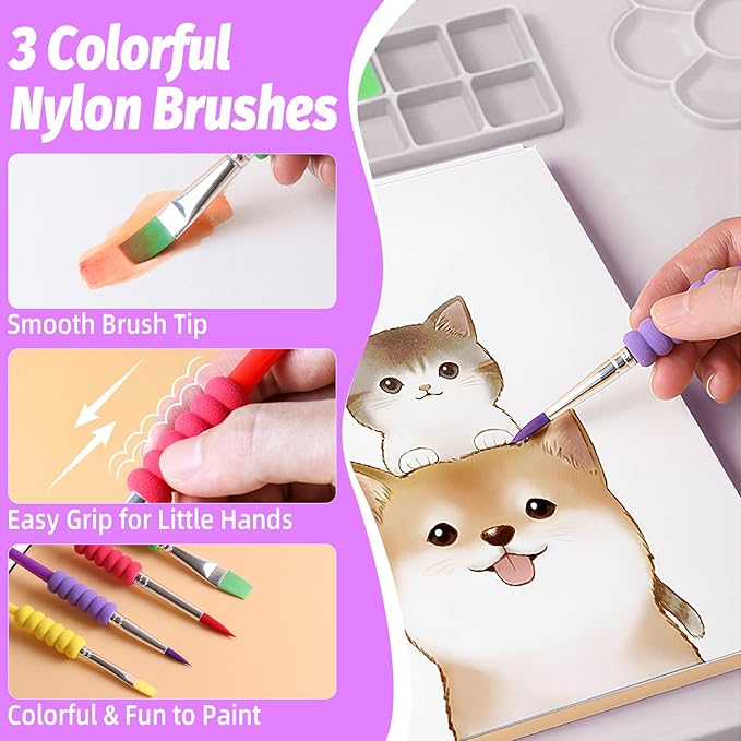 Paint Pad for Kids, Art Supplies for Kids Silicone Painting Mat, 23.6 x 15.8in Paint Mat with 3 Nylon Brushes, Art Mats for Crafts to Protect Table, Painting Pad Washable(Purple)