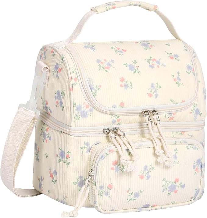 HowFly Lunch Bag for Women Insulated Lunch Boxes Corduroy Resuable Double Deck Lunch Box for Girls Teens Kigs Boys Portable Thermal Cooler Bags for School Work, Purple Floral