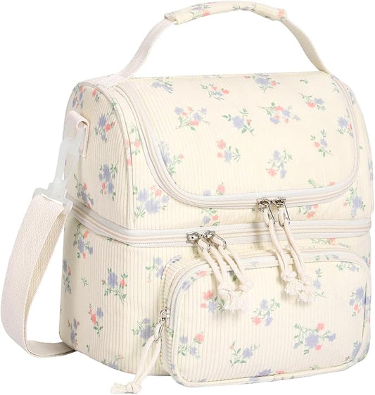 HowFly Lunch Bag for Women Insulated Lunch Boxes Corduroy Resuable Double Deck Lunch Box for Girls Teens Kigs Boys Portable Thermal Cooler Bags for School Work, Purple Floral