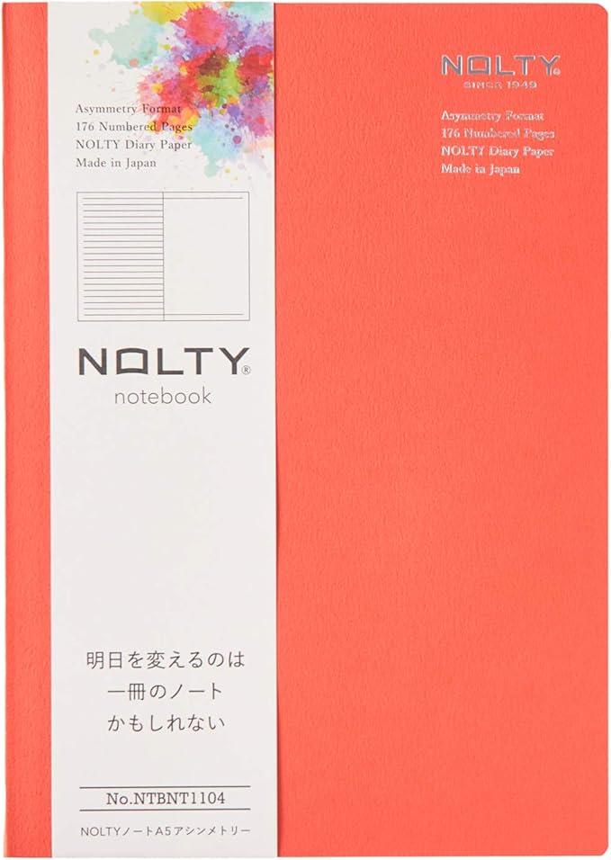 NOLTY Notebook, A5 Lined + Dot Grid, 176 Pages, Made in Japan, Orange, NTBNT1104