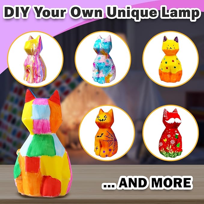 FUNZBO Paint Your Own Cat Lamp Kit - Arts and Crafts Supplies Kitten Painting for Kids Teens, DIY Night Light Toy for Girls Boys Age 3 4 5 6 7 8 9 10 11 12 13 Birthday Gifts