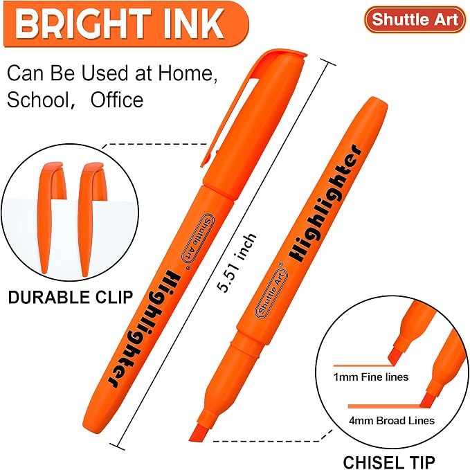Shuttle Art Orange Highlighters, 30 Pack Highlighters Bright Colors, Chisel Tip Dry-Quickly Non-Toxic Highlighter markers for Adults Teachers Students Highlighting in the Home School Office