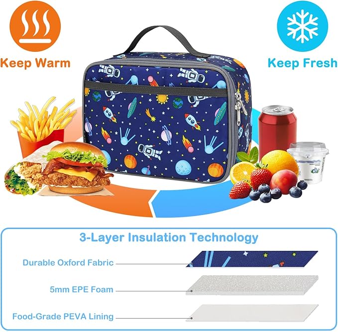 FlowFly Kids Lunch box Insulated Soft Bag Mini Cooler Back to School Thermal Meal Tote Kit for Girls, Boys, Astronaut