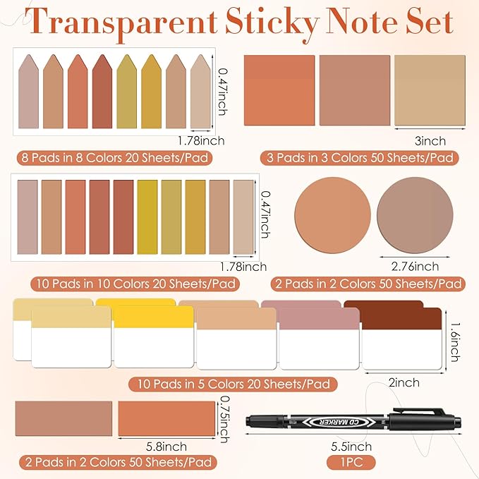 Glenmal Transparent Sticky Note Set 910 Sheets Translucent Clear Self-Adhesive Sticky Notes Bulk Gradient Color Waterproof for Bible Tabs Book Tabs Office Study Supplies Book Annotation(Brown)