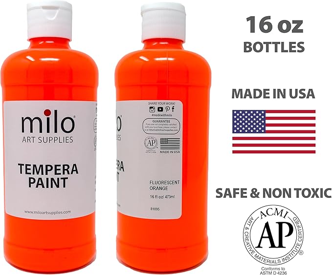 milo Fluorescent Neon Washable Tempera Paint | 16 oz Bottles 6 Colors | Made in the USA | Glows UV in Black Light | Safe & Non-Toxic Paint for Arts & Crafts, Poster, Window, Classroom, School, Project