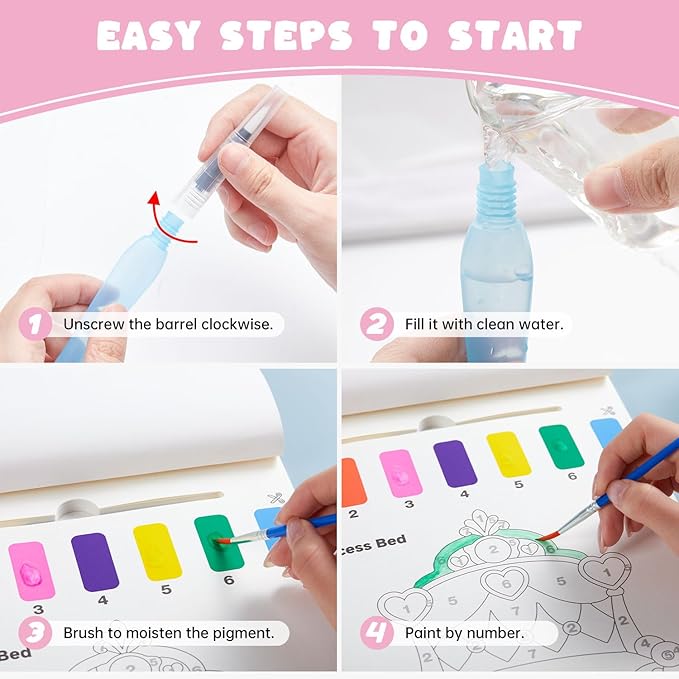 Shuttle Art Paint with Water Coloring Book for Kids, 25 Princess Themed Pages with 2 Brushes, Mess-Free Watercolor Paint Set, Travel-Friendly Art Craft Gift for Toddlers, Birthday Christmas Gift
