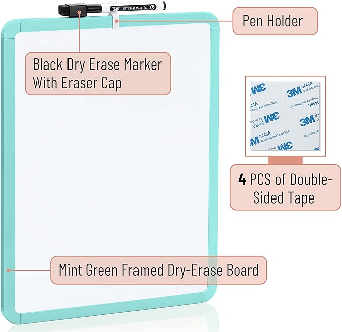 Mr. Pen- Dry Erase Board, 14” x 11” with a Black Dry Erase Marker, Mint Green Frame, Small Mini White Board for Students, Fridge, Wall, Locker, Includes Double Sided Tapes