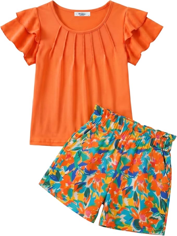 Arshiner Girls 2 Piece Outfits Summer Ruffle Sleeve Top and Paperbag Waist Shorts Set with Pockets Size 5-13 Years