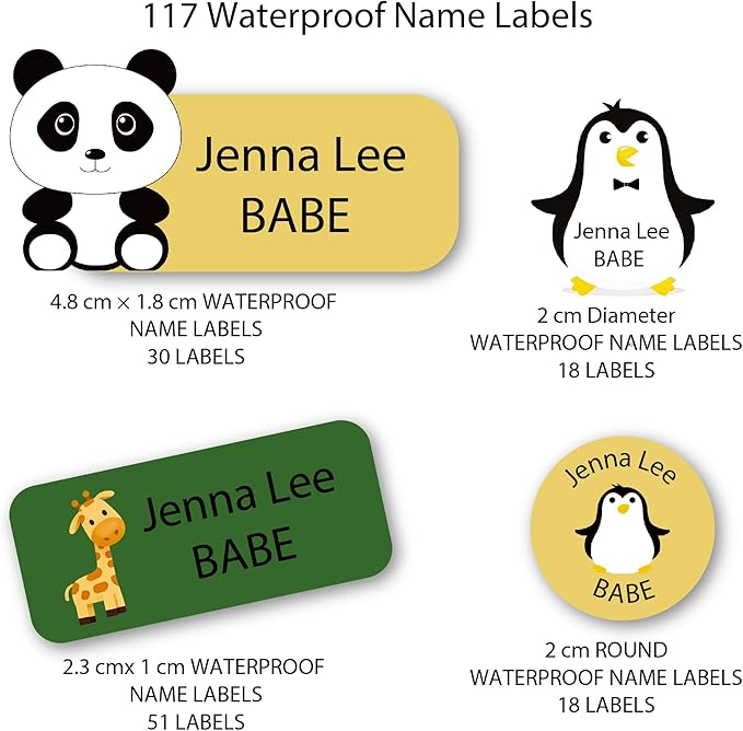 Personalized Kids Name Labels – Waterproof Custom Stickers for Daycare & School, 117 Pack, Dishwasher & Laundry Safe (Panda)