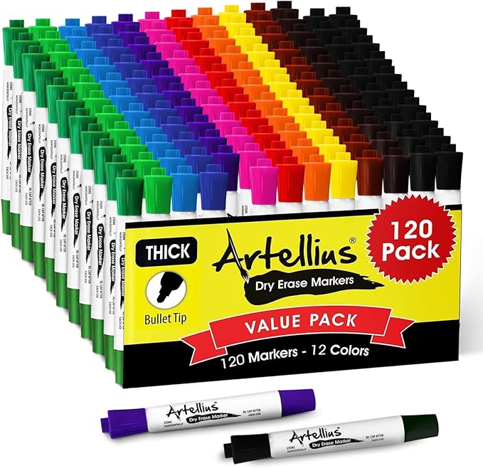 Artellius Dry Erase Markers - 120 Count, 12 Assorted Colors & 21 Black - Low-Odor Ink for Teacher Supplies - Easy Erase on Whiteboards & Wipeable Boards - Long-Lasting Ink for School Supplies