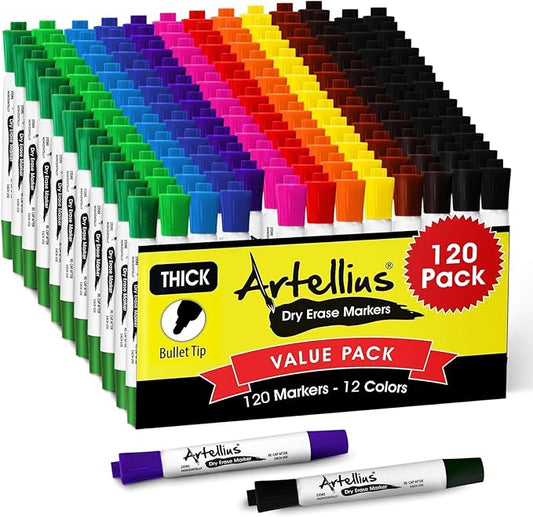 Artellius Dry Erase Markers - 120 Count, 12 Assorted Colors & 21 Black - Low-Odor Ink for Teacher Supplies - Easy Erase on Whiteboards & Wipeable Boards - Long-Lasting Ink for School Supplies