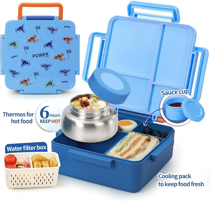 Bento Box for Kids with Thermos, [Large Capacity] Insulated Kids Lunch Box with 4 Compartment for Ages 3+, Drop-Proof & Dishwasher Safe Lunchbox Container Blue