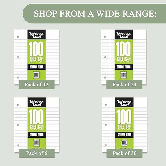 THREE LEAF 100 SHEETS COLLEGE RULED FILLER PAPER, PACK OF 24, LOOSE-LEAF SHEETS FOR SCHOOL AND OFFICE 100 CT. FILLER PAPER, NOTEBOOK PAPER