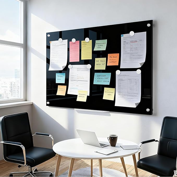 Black Dry Erase Board, 48'' x 36'' Magnetic Large Black Glass Board Frameless Wall Mounted Glass Whiteboard for Office, School & Home with 1 Acrylic Marker Tray & 6 Strong Magnets