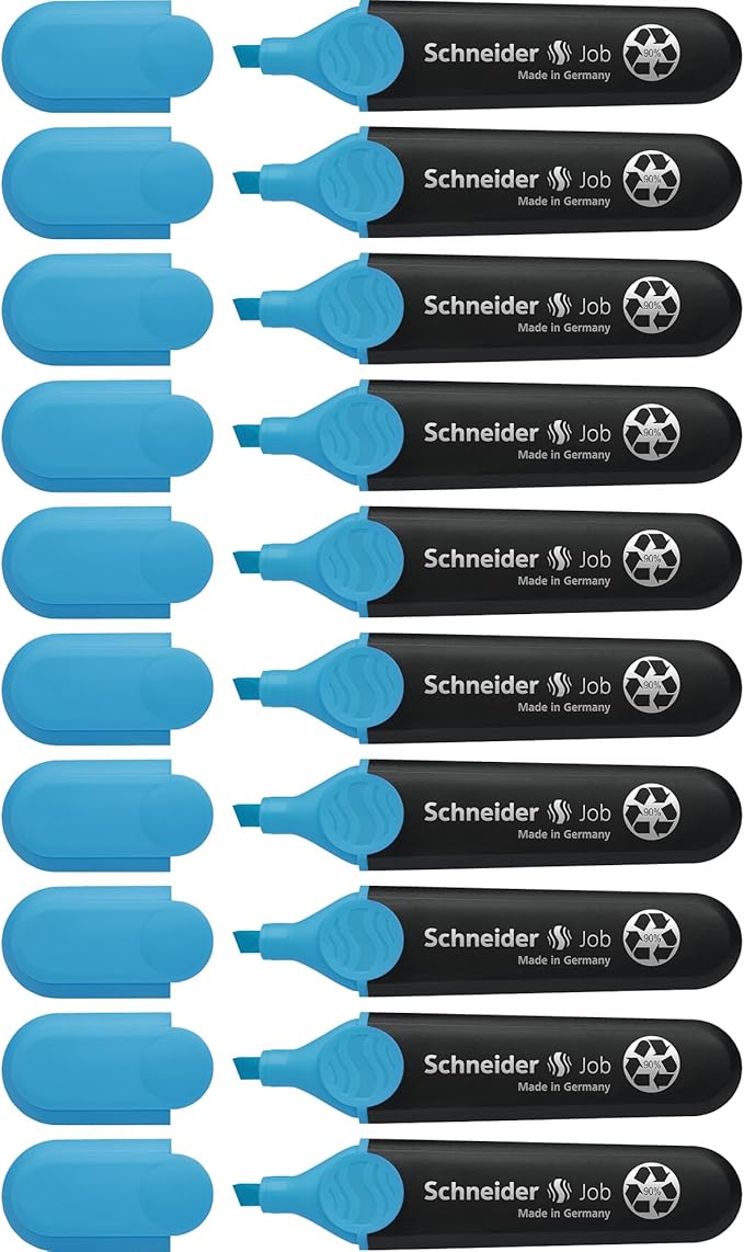Schneider Job Highlighter, Chisel Tip, 1 + 5 mm, Black Barrel, Blue Ink, Box of 10 Highlighters (1503)