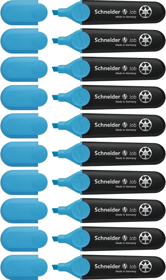Schneider Job Highlighter, Chisel Tip, 1 + 5 mm, Black Barrel, Blue Ink, Box of 10 Highlighters (1503)
