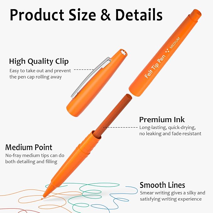 Lelix 60 Colors Felt Tip Pens, Medium Point Felt Pens, Assorted Colors Markers Pens For Journaling, Writing, Note Taking, Planner Coloring, Perfect as Art Office and School Supplies