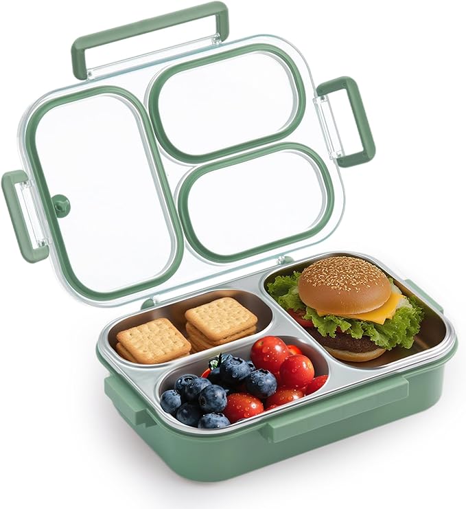 Kabbas Stainless Steel Bento Box Kids & Adults - 25 oz Leakproof Lunch Box with 3 Compartments, Premium 304 Stainless Steel Lunch Box for Kids, Dishwasher Safe, Suitable for School, Office, Outside