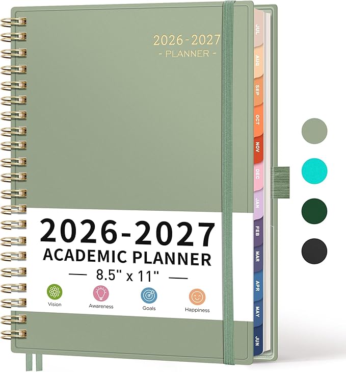 RETTACY Academic Planner 2026-2027, Weekly and Monthly, July 2026 - June 2027, Large Size (8.5" x 11"), Calendar, Agenda, 12-Month Tabs, for Student, Teacher, School (Light Green)