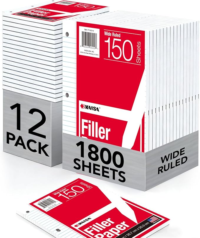 Kaisa loose Leaf Paper Filler Paper 1800 Sheets 8"x10.5",Wide Ruled, 3-Hole Punched for 3-Ring Binders, Carton of 12pack
