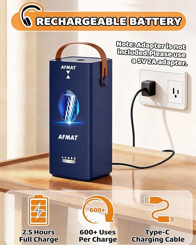 AFMAT Electric Pencil Sharpener, Rechargeable & Cordless, Fully Automatic Pencil Sharpener for Classroom, Auto in & Out, 5 Sharpness Modes, Heavy Duty Sharpeners for 6-12mm No.2/Jumbo Pencils PSC7
