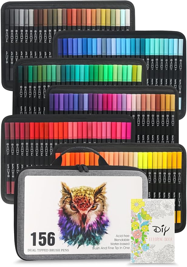 LIULIUCAI 156 Colors Dual Tip Markers Brush Pens, Fine & Brush Tip Art Marker for Adult Coloring Book No Bleeding, Colored Drawing Pen for Calligraphy Lettering Illustration Journal Doodling Gift
