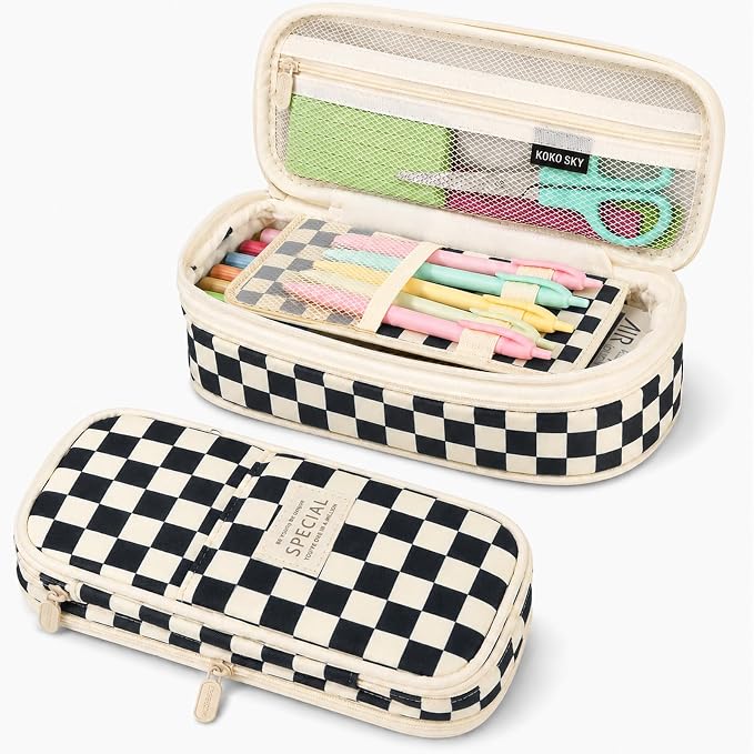 Pencil Case, Large Capacity Aesthetic Pencil Cases with Durable Zipper, Big Stationery Pencil Pouch for Women & Men , Adults Portable Storage Organizer Bag for College, Office, Travel (Black Grid)