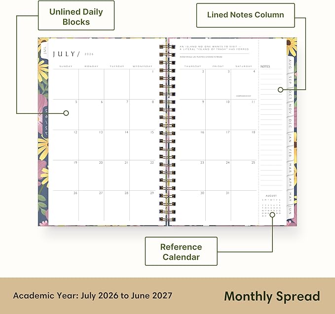 Blue Sky Sustainability 2026-2027 Weekly and Monthly Academic Year Planner Calendar, July 2026 - June 2027, 5" x 8", Flexible Cover From Recycled Plastic, Wirebound, Laminated Tabs, Storage Pocket, Gail