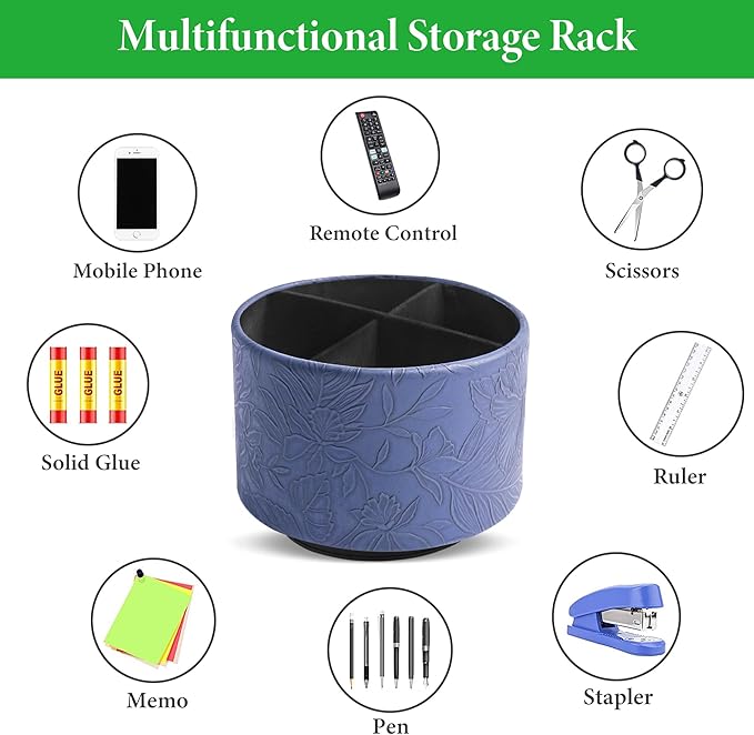 Round Leather Art Supply Organizer,Remote Control Holder,360 Degree Spinning,Multi-Functional Pencil Holder,4 Compartments Desktop Stationary Organizer(1-Carved Dark Blue)