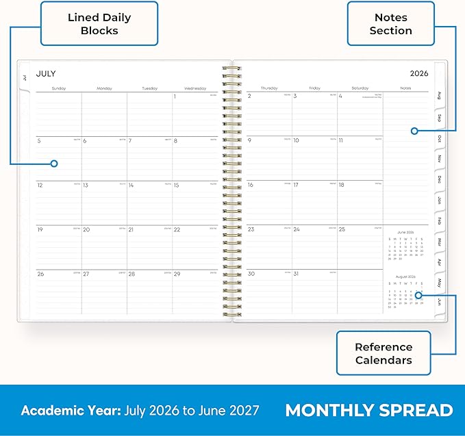 Blue Sky 2026-2027 Weekly and Monthly Academic Year Planner Calendar, July 2026 - June 2027, 8.5" x 11", Flexible Cover, Wirebound, Laminated Tabs, Storage Pocket, Gemma