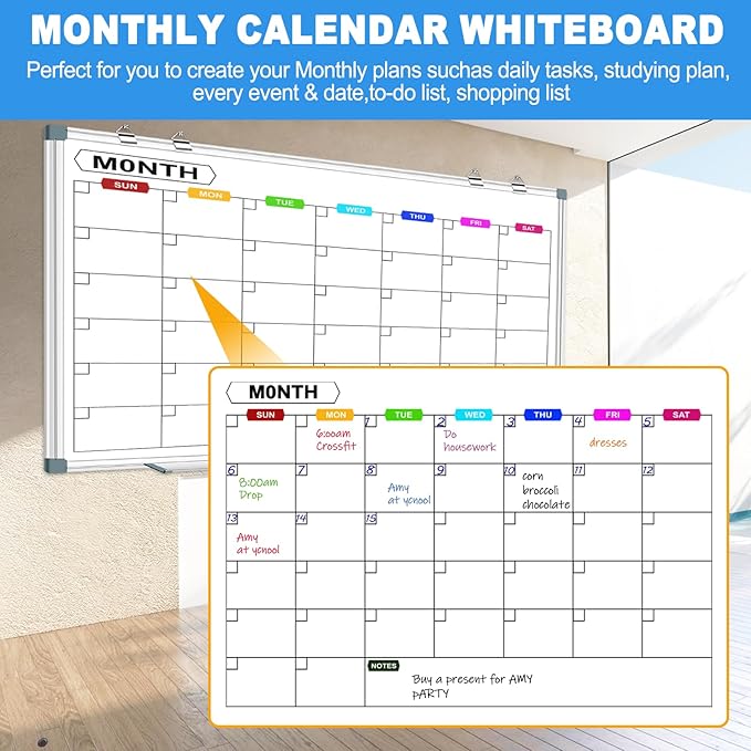 Large Monthly Calendar Whiteboard for Wall 72" x 40", Dry Erase Board Calendar for Wall Mounted Board, Office White Board Monthly Planning Board Bulletin Board for School, Home Use