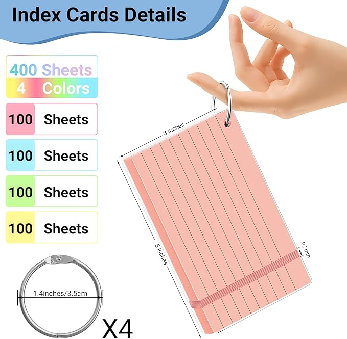 HAUTOCO 400 PCS Colored Index Cards 3x5 with Rings, Ruled Flashcards with Waterproof Covers, 4 Colors Note Cards for Studying, Vocabulary, Recipes, Office & School