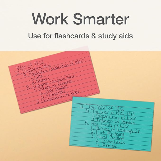 Oxford Ruled Index Cards, Lined Note Cards, Flashcards for School, 4 Assorted Bright Colors: Coral, Green, Teal and Orchid, 3 Inch x 5 Inch, 200 Cards Per Pack (1017488)