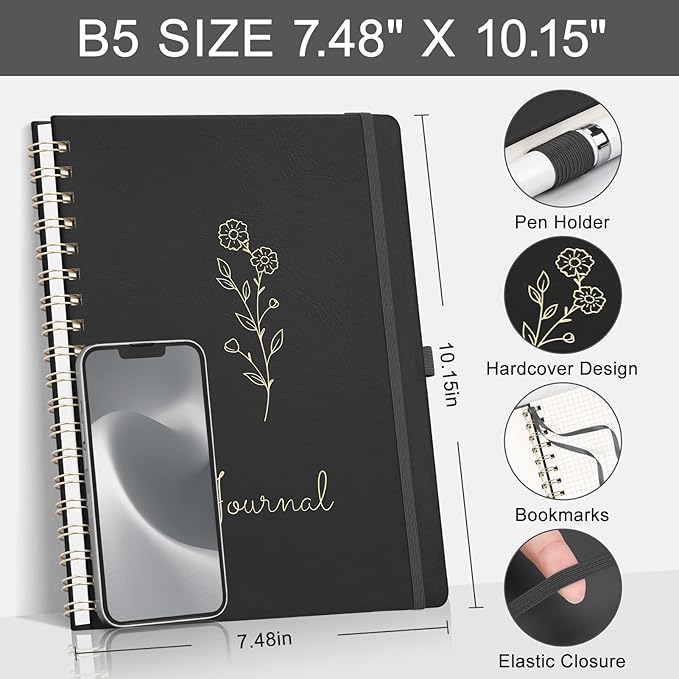 EMSHOI Dotted Journal Spiral Notebook, 140 Pages, B5 Large 7.48"x10.15", PU Leather Hardcover, 100 GSM Thick Paper, 5mm Dot Grid Notebook for Journaling, Planning, Drawing, Writing, Black