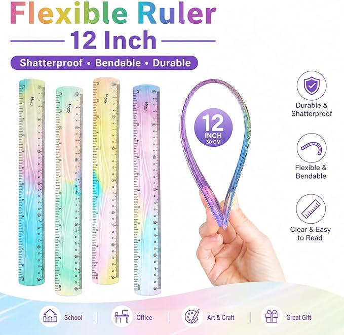 4 Pieces Flexible Ruler 12 Inch / 30 cm Bendable Soft Plastic Ruler Colorful Shatterproof Straight Edge Ruler for School, Classroom, Office