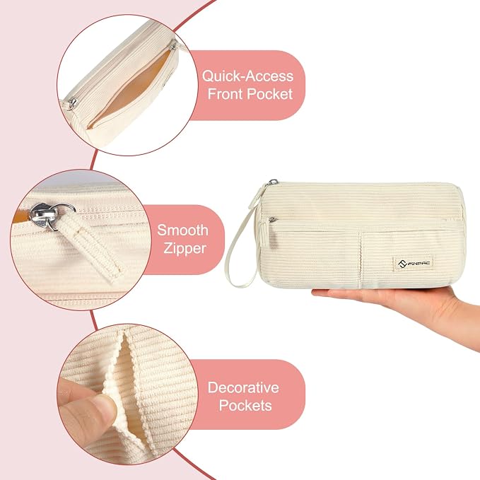 FINPAC Pencil Case, Corduroy Triangle Makeup Bag Kawaii Pen Bag Pouch | Pencil Holder Box Organize for Study, Office, or Travel, Beige
